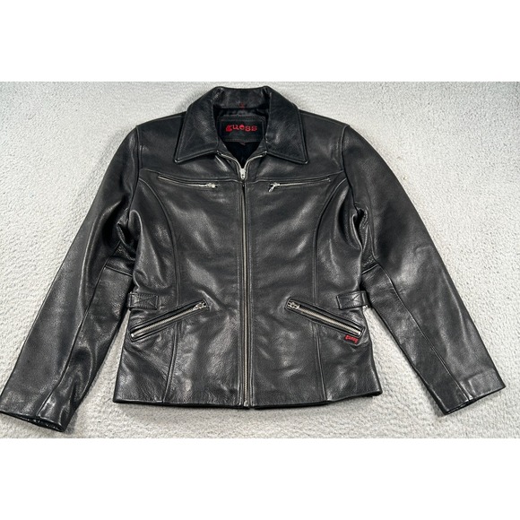Guess Jackets & Blazers - Vintage Guess Leather Jacket Women Medium Black Bomber Biker Motorcycle Goth Y2K